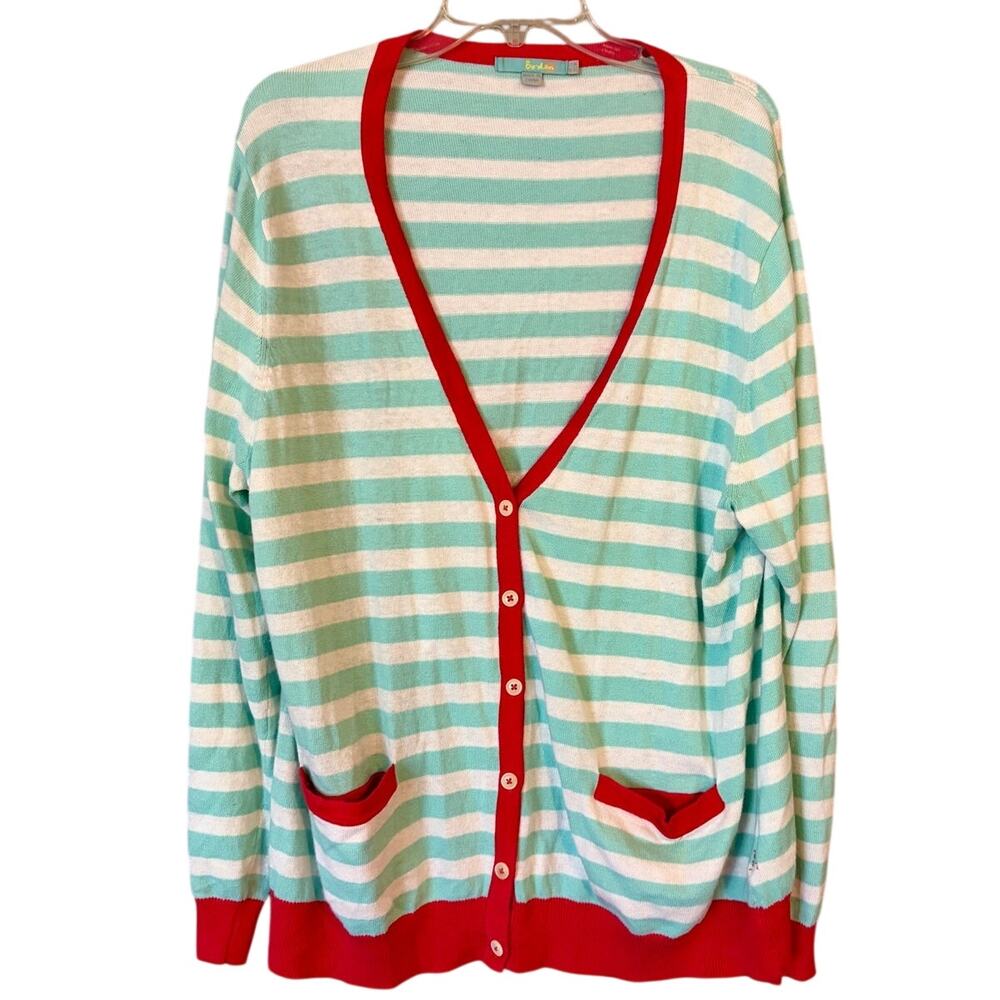 Boden Womens 18 Blue Red White Striped Cashmere Blend Cardigan Sweater